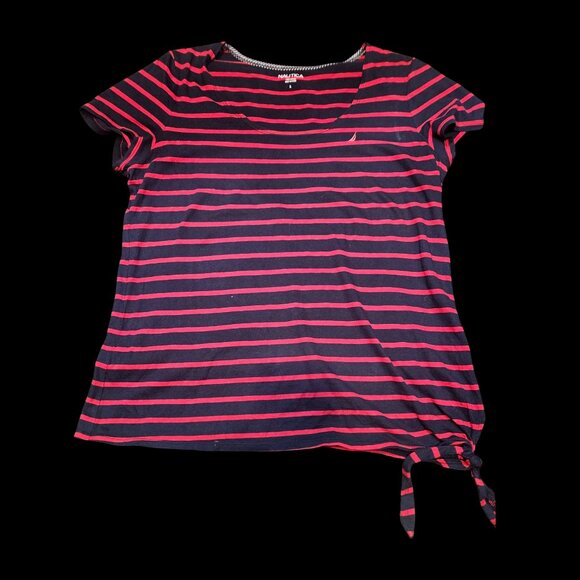 Nautica Black & Red Striped Tie Hem Tee – Size Large – Short Sleeve - Picture 1 of 4